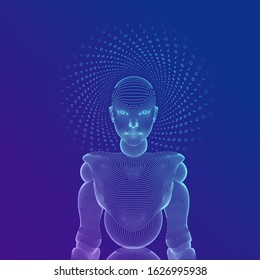 Wireframe female cyborg or robot. Abstract cyber woman. Sci-Fi cybernetic robot with AI. Machine learning and artifactial intelligence technology concept. Digital brain. Vector illustration.