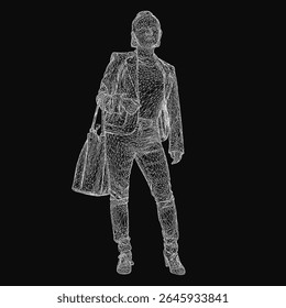 A wireframe female in a suit and tie holds a bag, standing against a sleek black background. The minimalist 3D human figure features clean lines and a professional appearance, ideal for business.