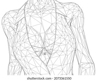Wireframe of a female torso in a jacket with a lush breasts in a bra of black lines isolated on a white background. 3D. Vector illustration