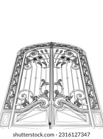 Wireframe Fence gate isolated cartoon. Vector metal entrance. Vector illustration fence gate on white background. Vector illustration fence gate white background. Decorative architectural element. 3D.