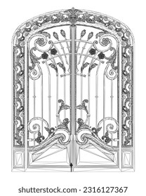 Wireframe Fence gate isolated cartoon. Vector metal entrance. Vector illustration fence gate on white background. Vector illustration fence gate white background. Decorative architectural element. 3D.