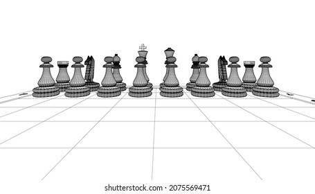 Wireframe of figures on a chessboard from black lines isolated on white background. Front view. 3D. Vector illustration