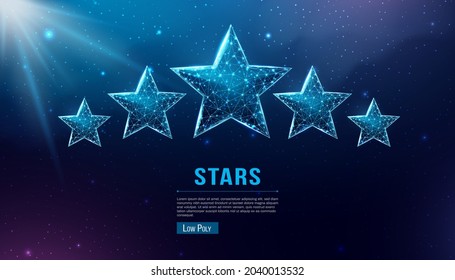 Wireframe five stars, low poly style. Success, winner, rating concept. Abstract modern 3d vector illustration on dark blue background. 
