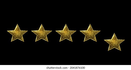 Wireframe five stars, low poly style. Success, winner, rating concept. Abstract modern 3d vector illustration on black background. 