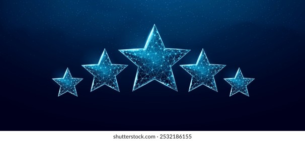 Wireframe five stars, low poly style. Success, winner, rating concept. Abstract modern 3d vector illustration on dark blue background. 