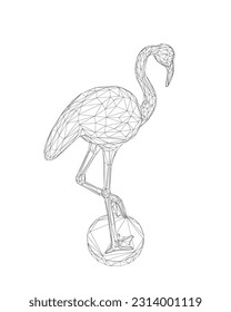Wireframe flamingo vector illustration isolated on white background. Exotic tropical bird. Zoo animal collection. Cute cartoon character. Decoration element. 3D design. White background. Isolated..