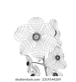 Wireframe flowers decoration on white background. Black wireframe of flowers isolated on white background. Drawn sketch flowers. Cherry blossom wireframe. 3D.