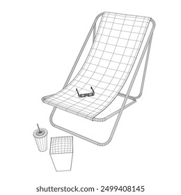 Wireframe of a folding beach chair with a package of popcorn, a glass of soda and cinema glasses. Vector illustration.