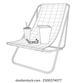 Wireframe of a folding beach chair with a package of popcorn, a glass of soda and cinema glasses. Vector illustration.