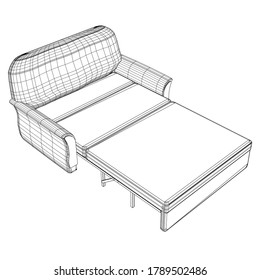 Wireframe of a folding sofa made of black lines on a white background. Isometric view. 3D. Vector illustration