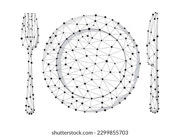 Concepto de restaurante de comida con marco de alambre - icono de cuchillo y tenedor aislado en fondo blanco. Cuchillería de polos baja con vista superior - plantilla de diseño de platería negra. Ilustración de polígono digital vectorial.