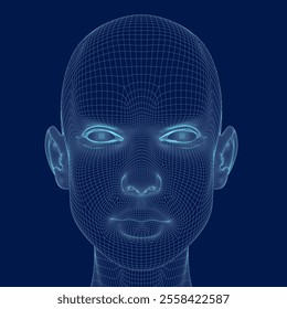 Wireframe Front face of woman without hair. Beauty, fashion, makeup, skincare concept. Vector illustration in line drawing, isolated on blue background. 3D.