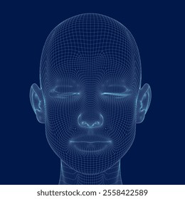 Wireframe Front face of woman without hair closes her eyes. Beauty, fashion, makeup, skincare concept. Vector illustration in line drawing, isolated on blue background. 3D.