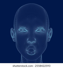 Wireframe Front face of woman without hair with open mouth. Beauty, fashion, makeup, skincare concept. Vector illustration in line drawing, isolated on blue background. 3D.