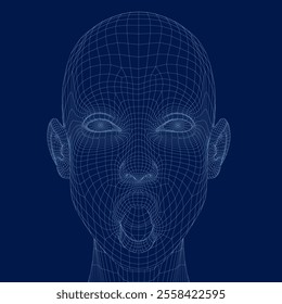 Wireframe Front face of woman without hair with open mouth. Beauty, fashion, makeup, skincare concept. Vector illustration in line drawing, isolated on blue background. 3D.