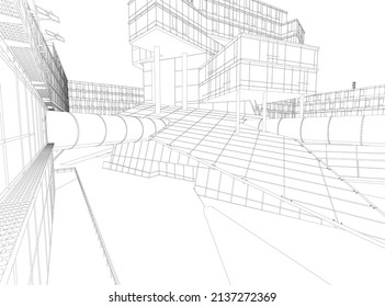Marco de un edificio futurista de líneas negras aislado en un fondo blanco. Vista de perspectiva. 3 D. Ilustración del vector