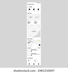 Wireframe Gaming Portal Website Concept.Diese Vektorillustration präsentiert ein konzeptionelles Design für eine Gaming-Portal-Website, die auf Gamer und Enthusiasten weltweit ausgerichtet ist.