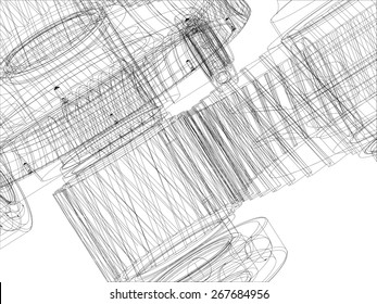 Wire-frame gears with shafts. Close-up. Vector illustration, 3d render