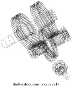Wire-frame gears with shafts. Close-up. Vector illustration, 3d render