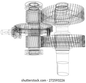 Wire-frame gears with shafts. Close-up. Vector illustration, 3d render