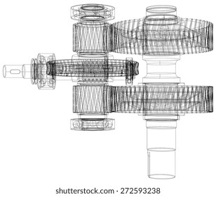Wire-frame gears with shafts. Close-up. Vector illustration, 3d render