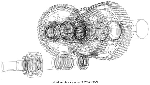Wire-frame gears with shafts. Close-up. Vector illustration, 3d render