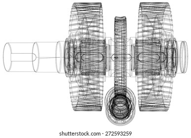 Wire-frame gears with shafts. Close-up. Vector illustration, 3d render