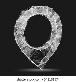 Wireframe geo pin mesh polygonal background. Abstract form with connected lines and dots. Vector illustration.
