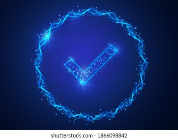 Wireframe of geometric checkmark polygonal design. Low poly wireframe digital vector illustration. Accepted, Approved, Yes, Right, Green, Correct. Futuristic concept on blue background.