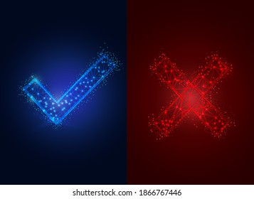 Wireframe of geometric checkmark polygonal design. Low poly wireframe digital vector illustration. Accepted, Approved, Yes, Right, Green, Correct.  Futuristic concept on blue background.