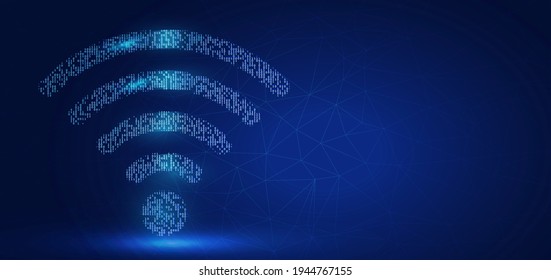 Wireframe geometric polygonal design. High-speed big data transfer broadband. Wi-Fi signal icon on the left with copy space on the right. Low poly internet wire frame digital vector illustration.