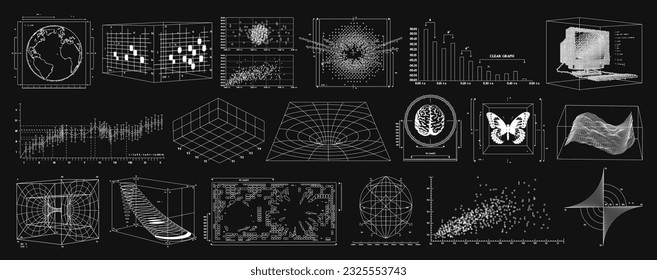 Wireframe of geometric shapes. 3D retro futuristic blueprints of spheres, waves, diagram, graphs. Vector set of graphics for design