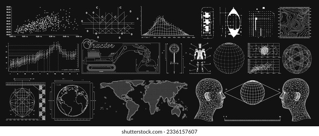 Wireframe of geometric shapes. 3D retro futuristic blueprints of spheres, waves, diagram, graphs. Vector set of graphics for design