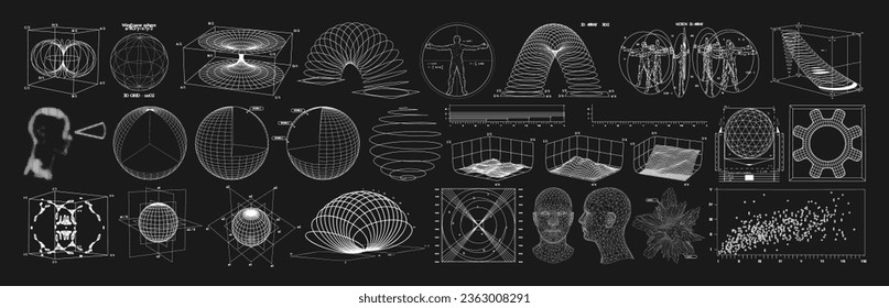 Wireframe of geometric shapes. 3D retro futuristic blueprints of spheres, landscapes, diagram, graphs. Vector set of graphics for design