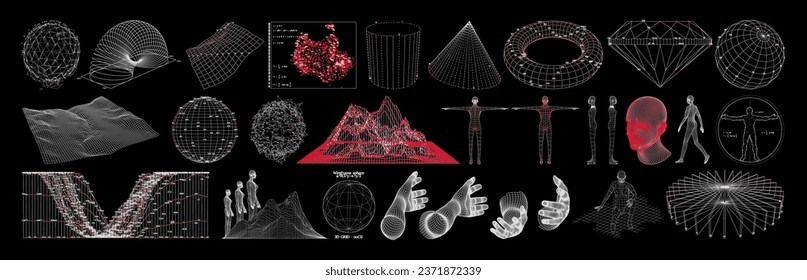 Wireframe of geometric shapes. 3D retro futuristic blueprints of spheres, landscapes, diagram, graphs. Vector set of graphics for design