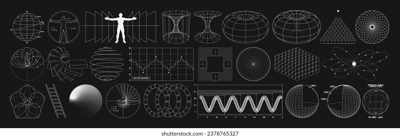 Alambre de formas geométricas. Planes retro futuristas de esferas, paisajes, diagrama, gráficos. Conjunto vectorial de gráficos para el diseño