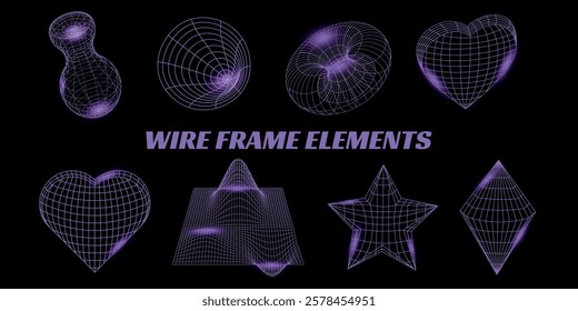 Wireframe geometric shapes collection. Set y2k psychedelic elements. Cyberpunk perspective pattern, futuristic aesthetic forms. 3D retro volume. 2000s. Neon vibrant color. Modern trendy design. Grids 