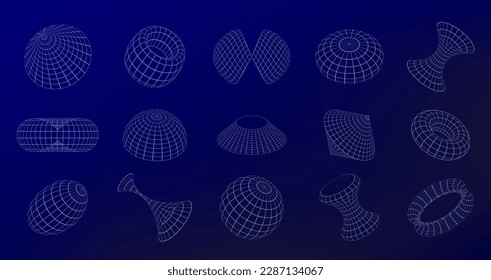 Wireframe Geometric Shapes. Grid retrofuturistic shapes arranged in perspective with sense of dimension. Vector 3D complex abstract forms set of wireframe futuristic, cyber geometric illustration