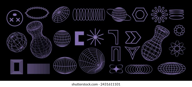 Wireframe geometrische Formen gesetzt, Y2K-Sammlung von psychedelischen Elementen. Cyberpunk-Muster, futuristische ästhetische Formen. 3D-Lautstärke. 2000er. Leuchtende Neonfarbe. Modernes Design.