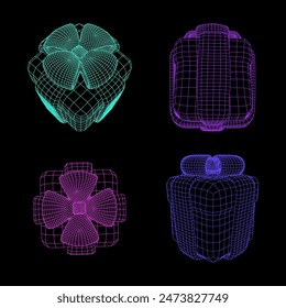 Modelo de caja de regalo de alambre aislado sobre fondo negro. Ilustración vectorial de maqueta 3d futurista de paquetes presentes decorados con lazos de cinta, descuento de vacaciones o diseño de iconos de venta cibernética