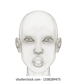 Wireframe of a girl head with a surprised expression and open mouth. Polygonal girl head isolated on white background. 3D. Vector illustration