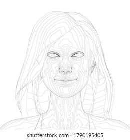 Wireframe of a girl with long hair. Front view. 3D. Vector illustration