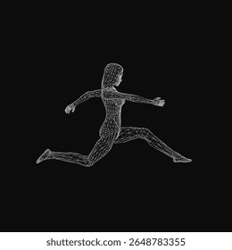 Wireframe girl running in dynamic pose with outstretched arms and legs on black background. Her facial features are distinct, hair pulled back in a ponytail.
