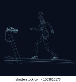 Wireframe girl running on a treadmill. Polygonal girl on a treadmill involved in sports. Vector illustration.