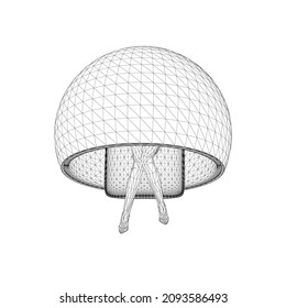 Wireframe of a girl sitting in a circular spherical chair made of black lines, isolated on a white background. View from above. 3D. Vector illustration