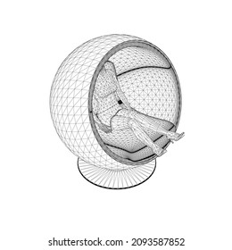 Wireframe of a girl sitting in a circular spherical chair made of black lines, isolated on a white background. Isometric view. 3D. Vector illustration