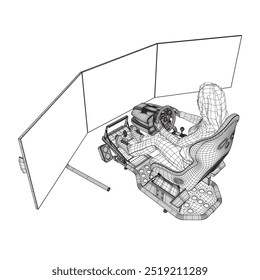 Wireframe de uma menina sentada em um simulador de jogo realista com um volante, pedais e três monitores feitos de linhas pretas isoladas em um fundo branco. Vista lateral. Ilustração vetorial. 3QUINQUIES.