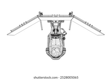 Wireframe de uma menina sentada em um simulador de jogo realista com um volante, pedais e três monitores feitos de linhas pretas isoladas em um fundo branco. Vista lateral. Ilustração vetorial. 3QUINQUIES.