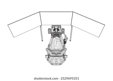 Wireframe de uma menina sentada em um simulador de jogo realista com um volante, pedais e três monitores feitos de linhas pretas isoladas em um fundo branco. Vista lateral. Ilustração vetorial. 3QUINQUIES.