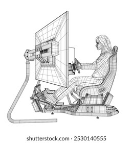 Drahtmodell eines Mädchens, das an einem realistischen Spielsimulator sitzt, mit einem Lenkrad, Pedalen und drei Monitoren aus schwarzen Linien, einzeln auf weißem Hintergrund. Seitenansicht. Vektorgrafik. 3D.